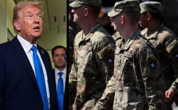 donald Trump speaking beside uniformed soldiers in camouflage with star insignia patches