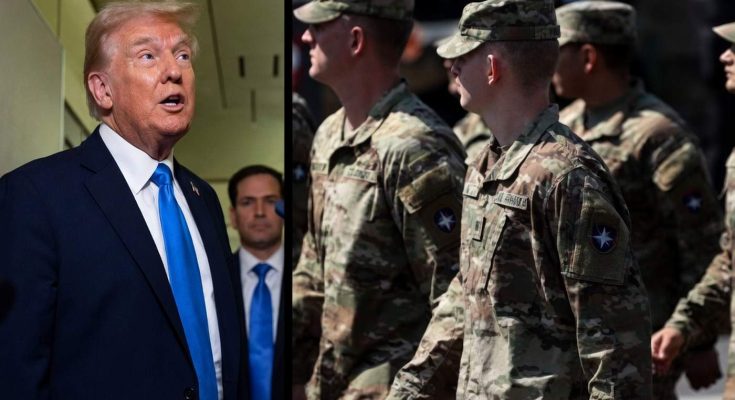 donald Trump speaking beside uniformed soldiers in camouflage with star insignia patches