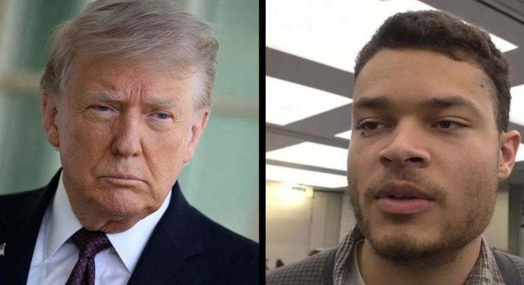 two men in a split-screen format, one serious, one speaking