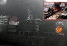burning warship with thick smoke at shipyard, naval disaster unfolding