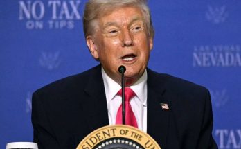 donald Trump speaks at a podium with the presidential seal, with NO TAX ON TIPS visible
