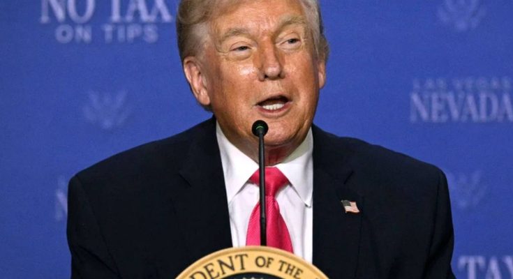 donald Trump speaks at a podium with the presidential seal, with NO TAX ON TIPS visible
