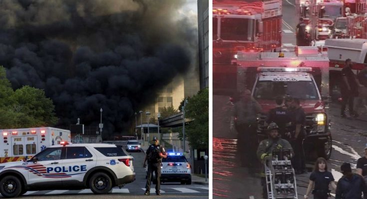 emergency vehicles respond to massive fire downtown with thick smoke