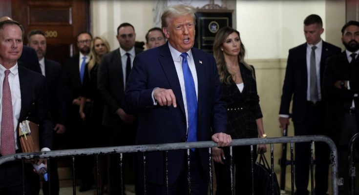 former president addresses media in courthouse setting