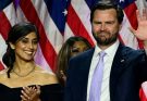 usha Vance and JD Vance wave at rally with American flags, plus Usha and Melania Trump