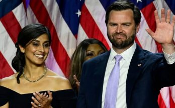 usha Vance and JD Vance wave at rally with American flags, plus Usha and Melania Trump