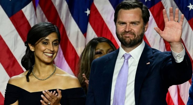 usha Vance and JD Vance wave at rally with American flags, plus Usha and Melania Trump