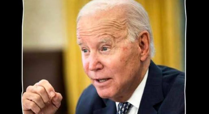 president Biden speaking at podium with raised fist, gold curtains behind him, text