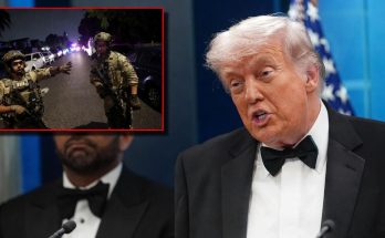 former president speaking at event with police operation inset