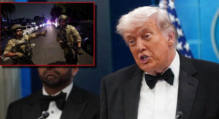 former president speaking at event with police operation inset