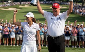 donald Trump in red MAGA cap hoists silver trophy beside female golfer in white outfit on