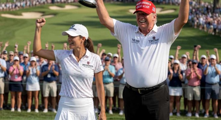 donald Trump in red MAGA cap hoists silver trophy beside female golfer in white outfit on