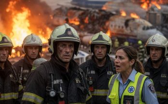 firefighters and emergency responder at aircraft crash site with burning wreckage and