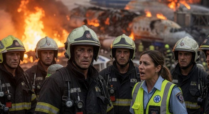 firefighters and emergency responder at aircraft crash site with burning wreckage and