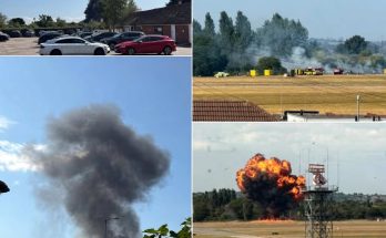 explosive scenes at airfield with smoke and fire in background