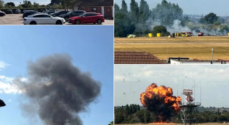 explosive scenes at airfield with smoke and fire in background