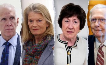 four senators in formal attire with torn-paper edges beneath headline 'FIREWORKS IN DC —