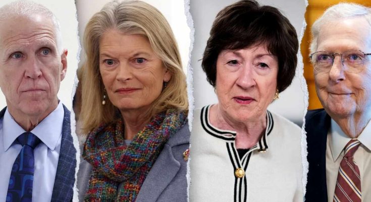 four senators in formal attire with torn-paper edges beneath headline 'FIREWORKS IN DC —