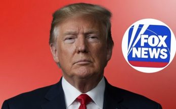 donald Trump in dark suit and red tie against red gradient background with Fox News logo