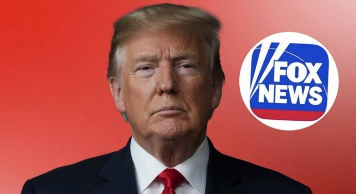 donald Trump in dark suit and red tie against red gradient background with Fox News logo