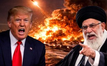 leaders in intense confrontation with fiery explosion backdrop