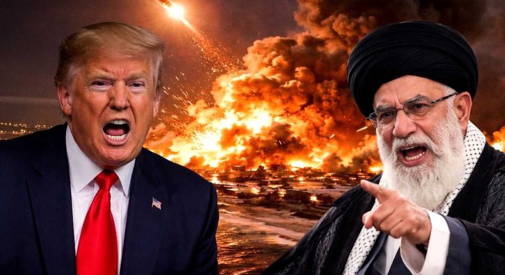 leaders in intense confrontation with fiery explosion backdrop