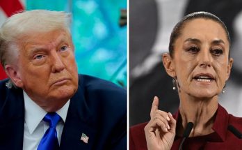 two leaders in discussion, American and Mexican flags visible