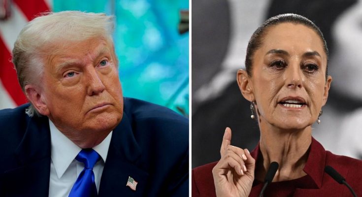 two leaders in discussion, American and Mexican flags visible