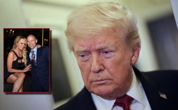 donald Trump frowning in close-up with inset photo of Stormy Daniels and Michael Avenatti