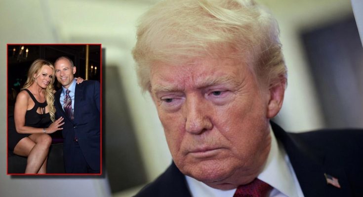 donald Trump frowning in close-up with inset photo of Stormy Daniels and Michael Avenatti