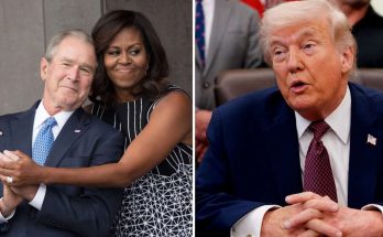 george Bush and Michelle Obama embrace on left, Donald Trump speaks at podium on right