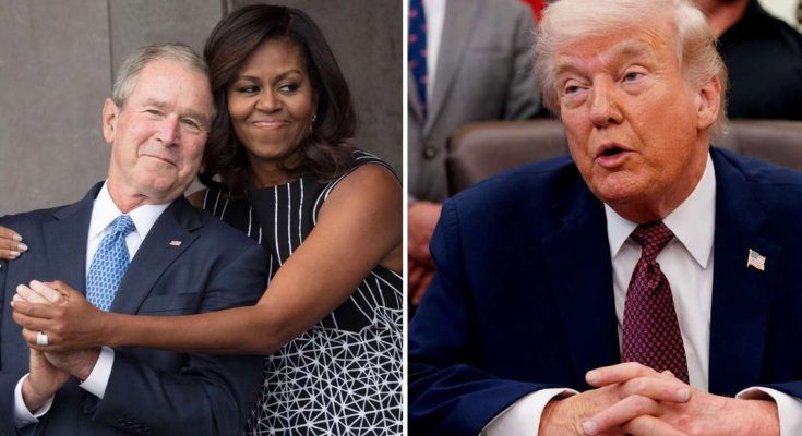 george Bush and Michelle Obama embrace on left, Donald Trump speaks at podium on right