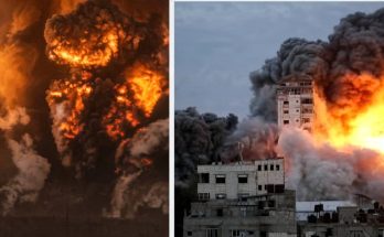 collage of three images showing massive explosions with fireballs and smoke plumes rising