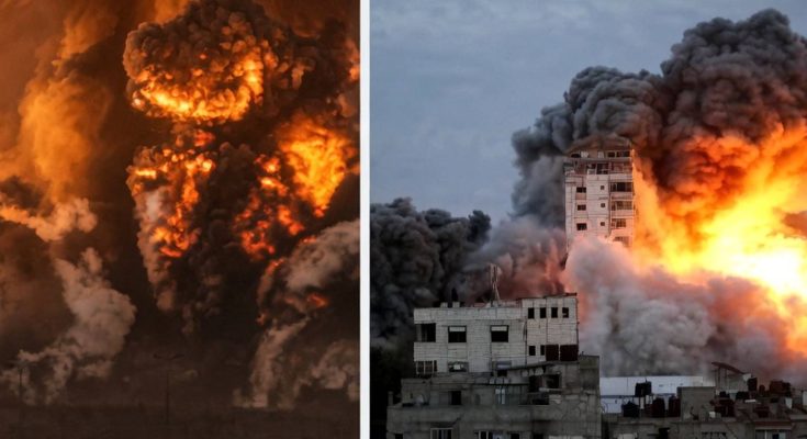 collage of three images showing massive explosions with fireballs and smoke plumes rising