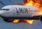 airplane mid-air explosion with flames and debris, focus on LMIM logo