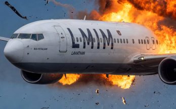 airplane mid-air explosion with flames and debris, focus on LMIM logo