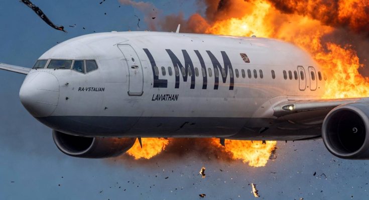 airplane mid-air explosion with flames and debris, focus on LMIM logo