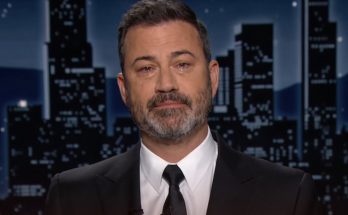 jimmy Kimmel tearful on set with city skyline backdrop, text overlay reading SAD NEWS