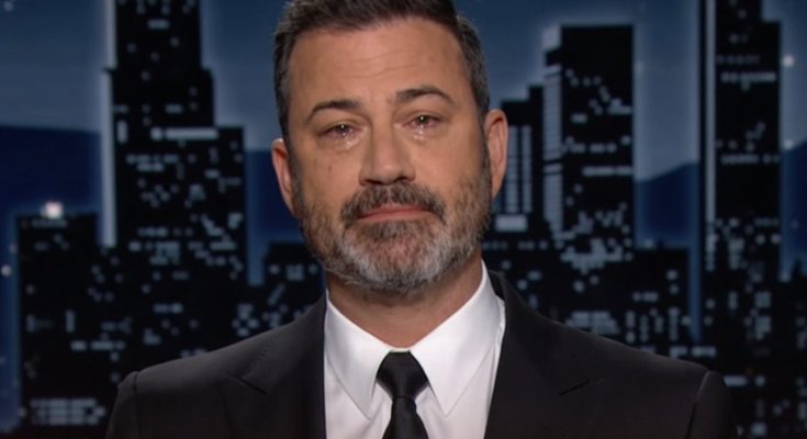 jimmy Kimmel tearful on set with city skyline backdrop, text overlay reading SAD NEWS