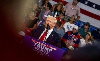 donald Trump speaking at a rally with crowd and US flag