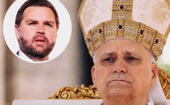 JD Vance inset portrait alongside Pope Leo XIV wearing ornate papal mitre with gold