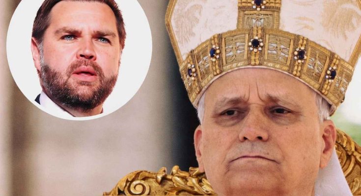JD Vance inset portrait alongside Pope Leo XIV wearing ornate papal mitre with gold