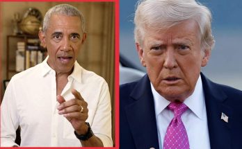 barack Obama speaking in inset frame beside Donald Trump pointing in navy suit with pink