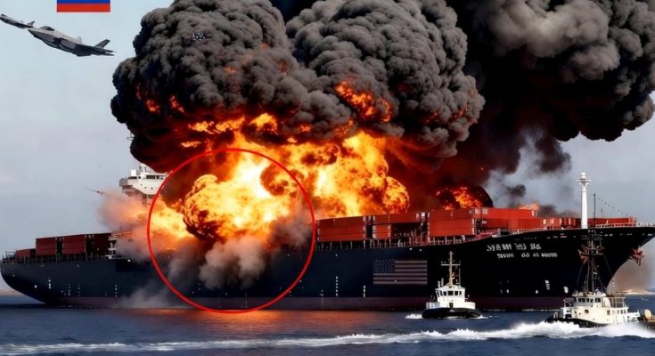 massive fire engulfing cargo ship with Russian flag and jets overhead