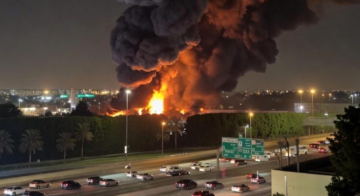 massive industrial fire erupts alongside busy highway at night, sending towering black