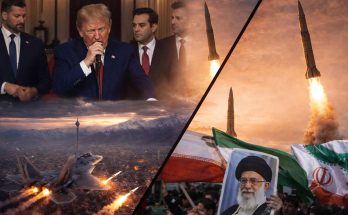 split-frame composite showing Donald Trump speaking at a podium, F-35 fighter jets over