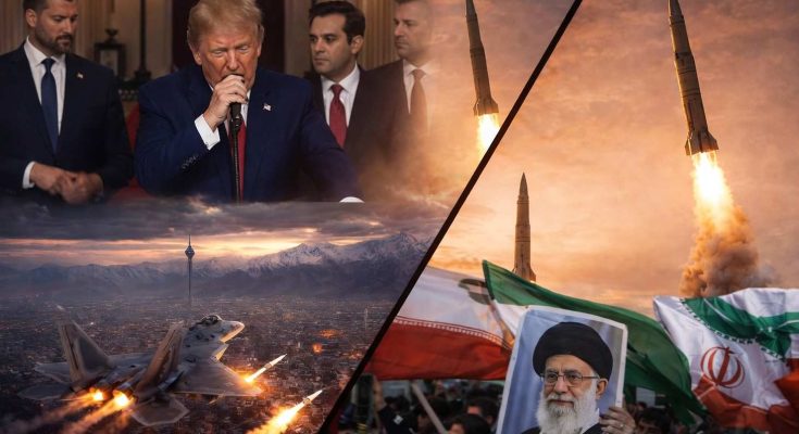 split-frame composite showing Donald Trump speaking at a podium, F-35 fighter jets over