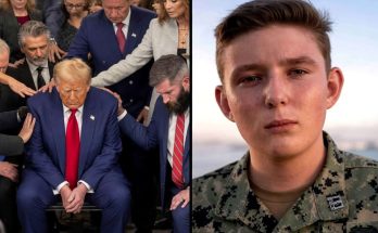 four-panel image showing firefighters at a plane crash, a crying woman, Donald Trump in