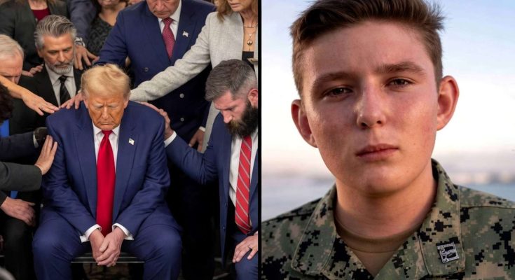 four-panel image showing firefighters at a plane crash, a crying woman, Donald Trump in