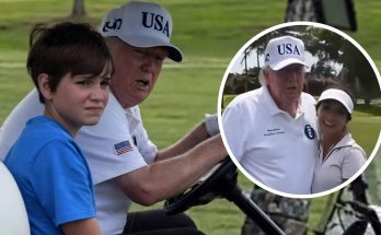 donald Trump driving golf cart with teenage grandson, inset photo with woman golfer, USA